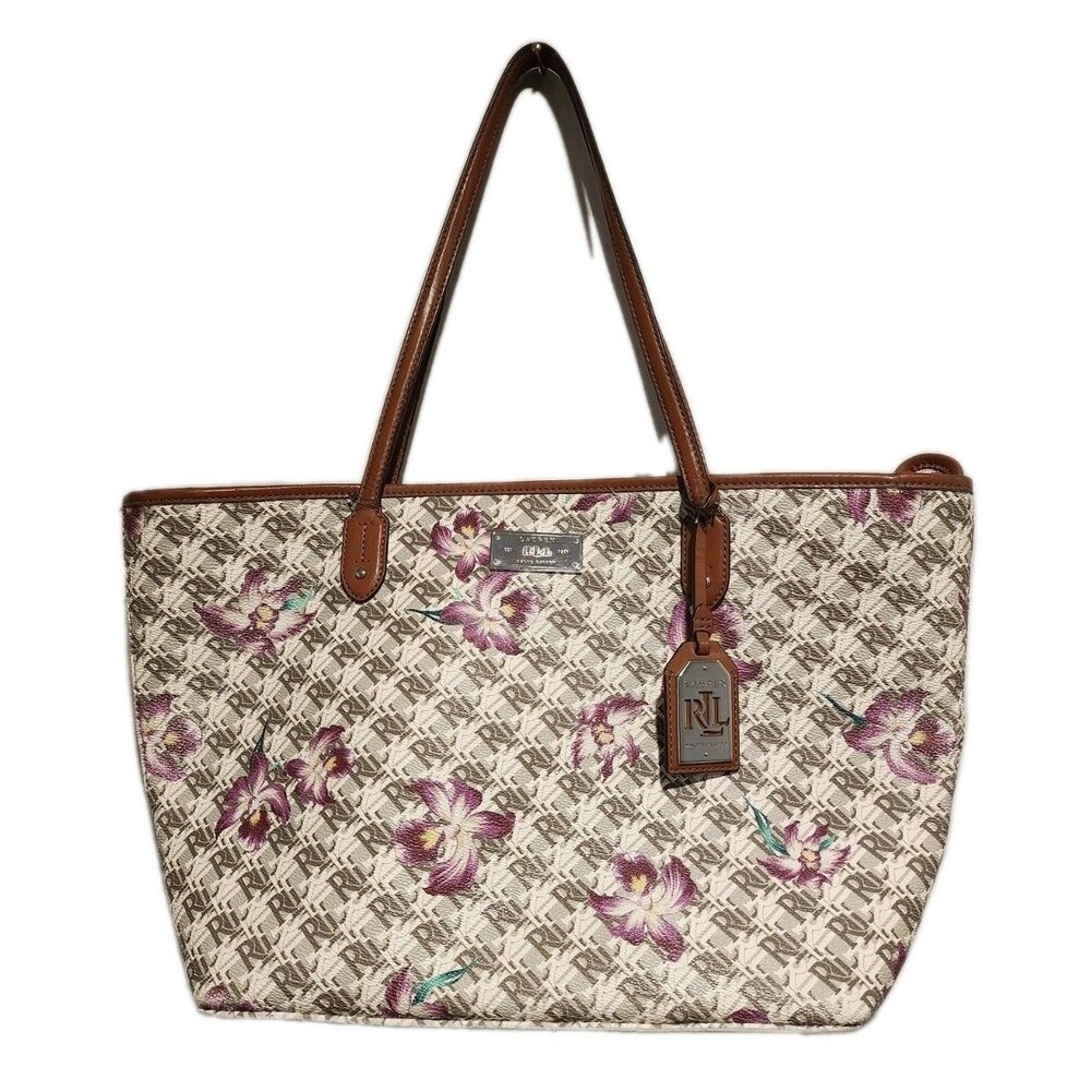 RLL Lauren Ralph Lauren Coated Canvas Monogram Orchid Floral Beige Gray Tote Bag